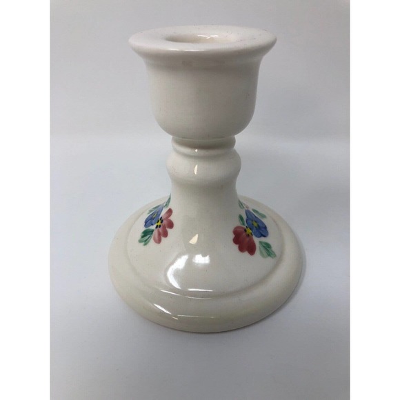 White Taper Candle Candlestick Holder Blue Pink Floral Design Pedestal Set of 2 - Picture 4 of 9